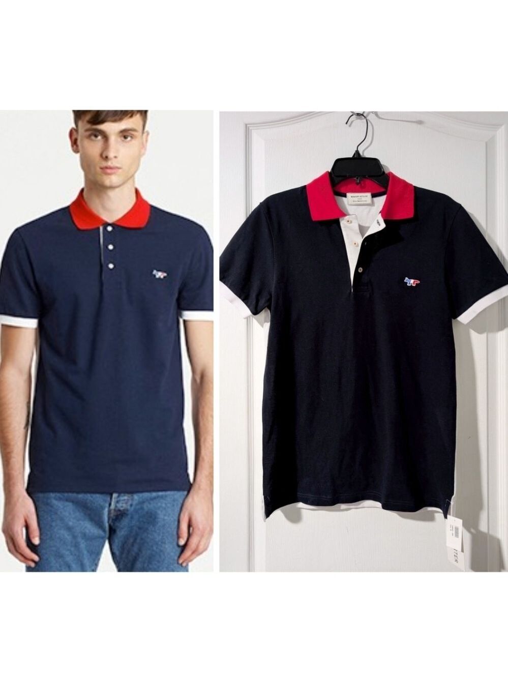 Maison Kitsuné | 10th Anniversary Polo Shirt Tricolor Fox Navy Colorblock Rare